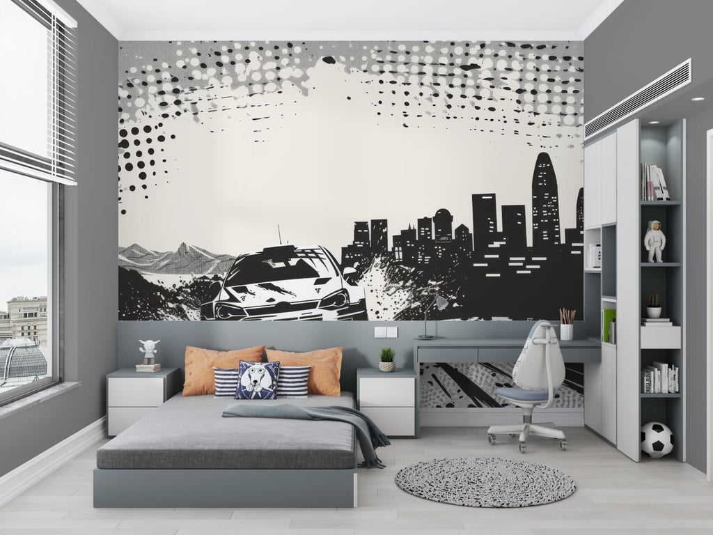 Black and white car wallpaper bringing urban style to home office space