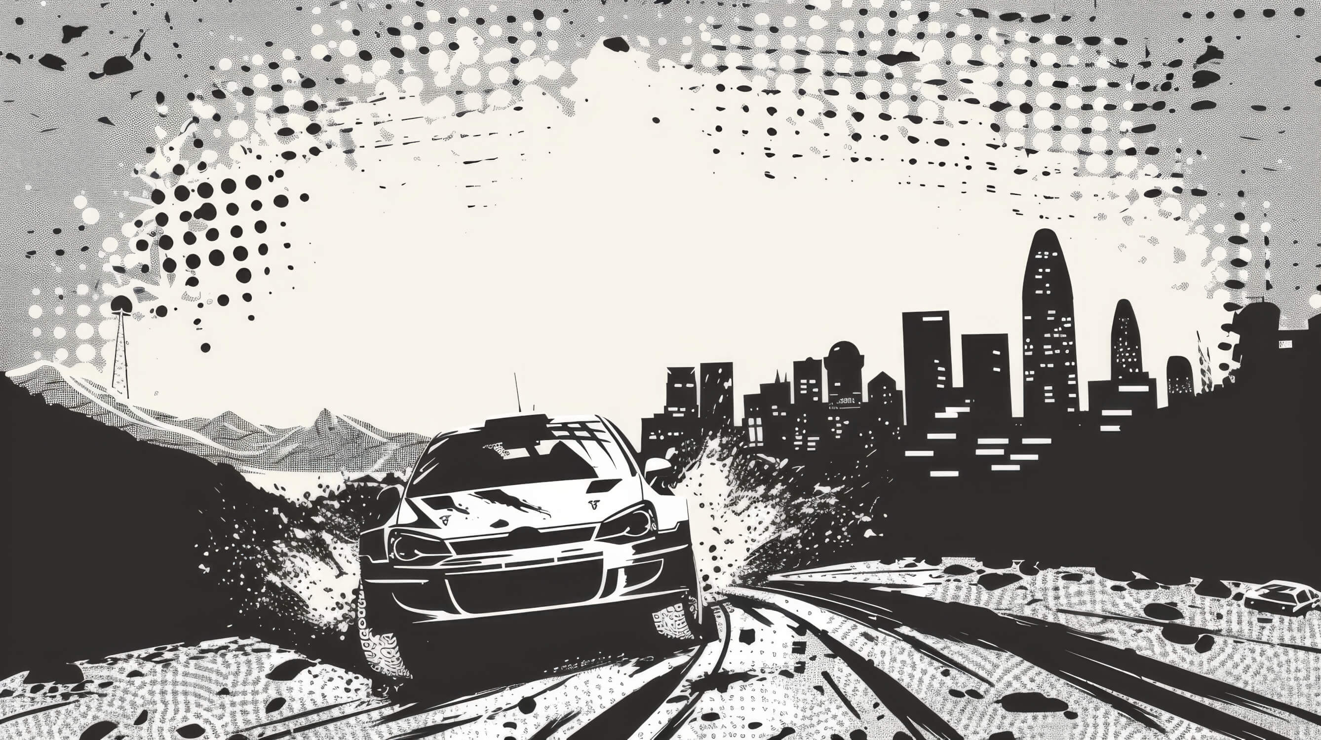 Design file showing black and white racing car pattern with urban elements and dynamic motion effects