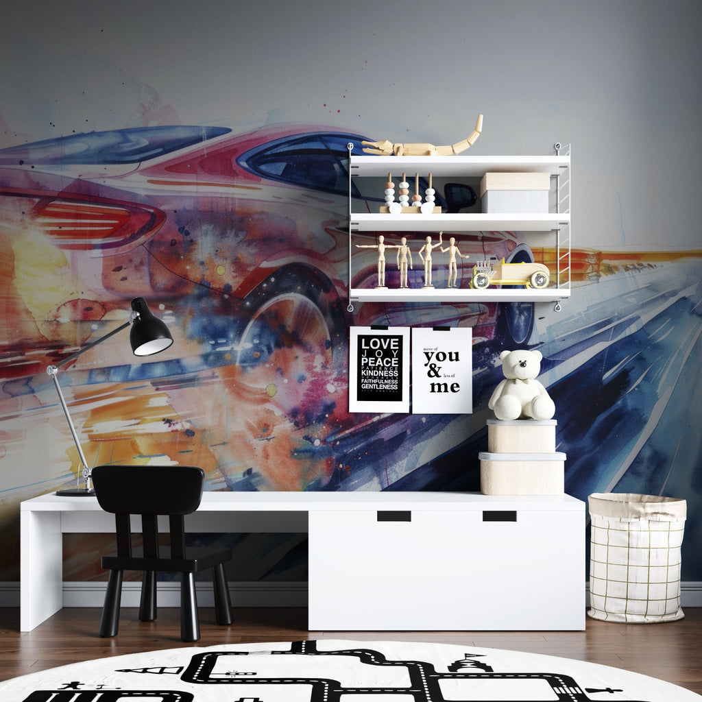 Racing car wallpaper creating bold impact in modern living room with black leather sofa