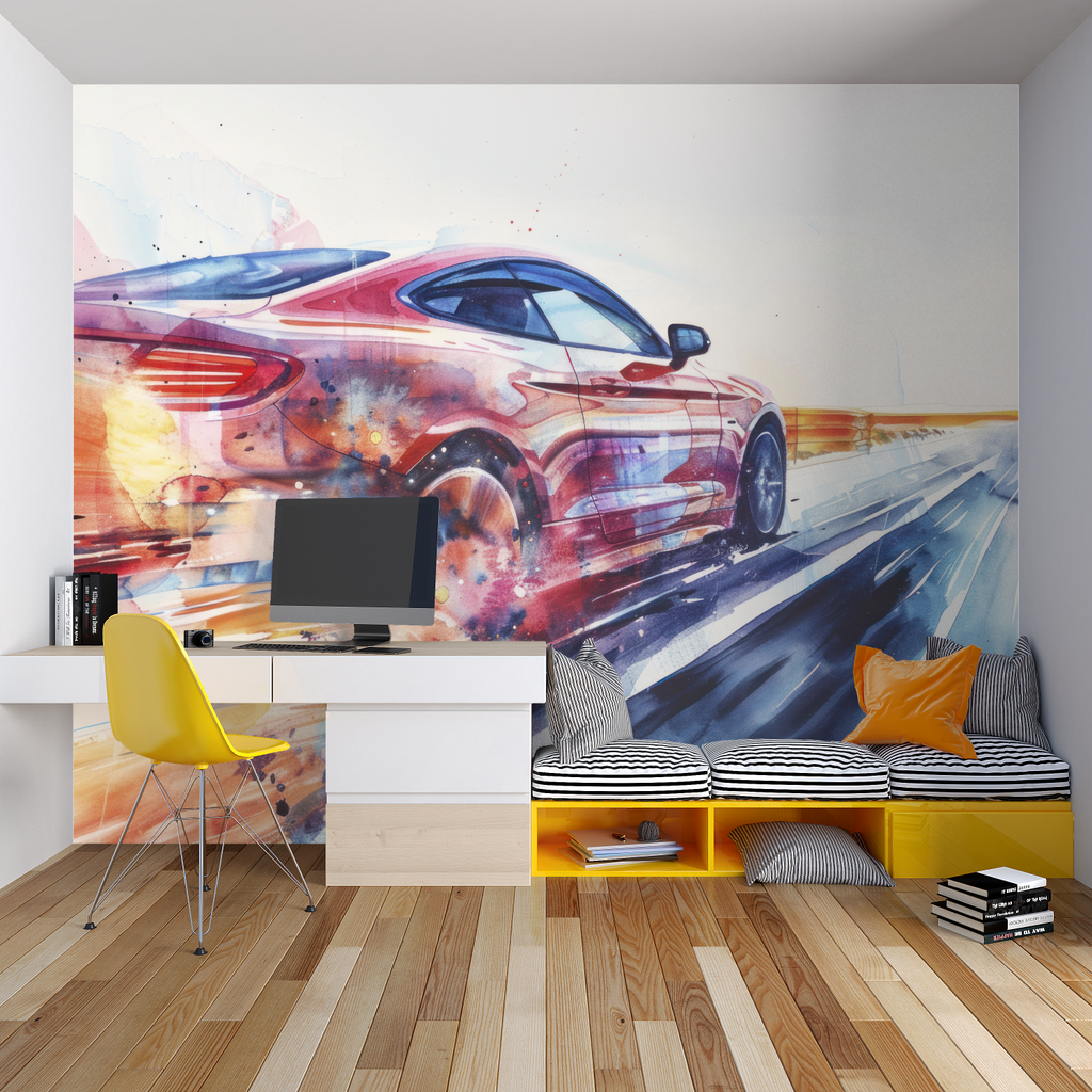 Black and gold racing wallpaper in home office with minimal furniture