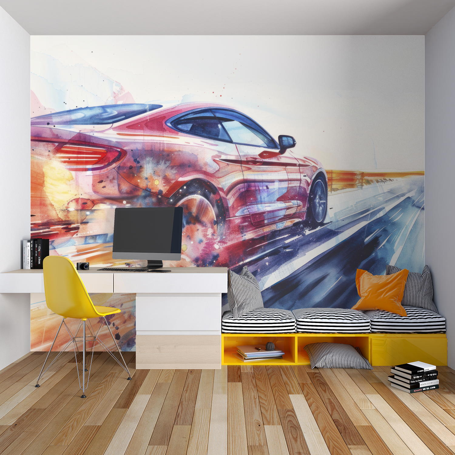 Black and gold racing wallpaper in home office with minimal furniture