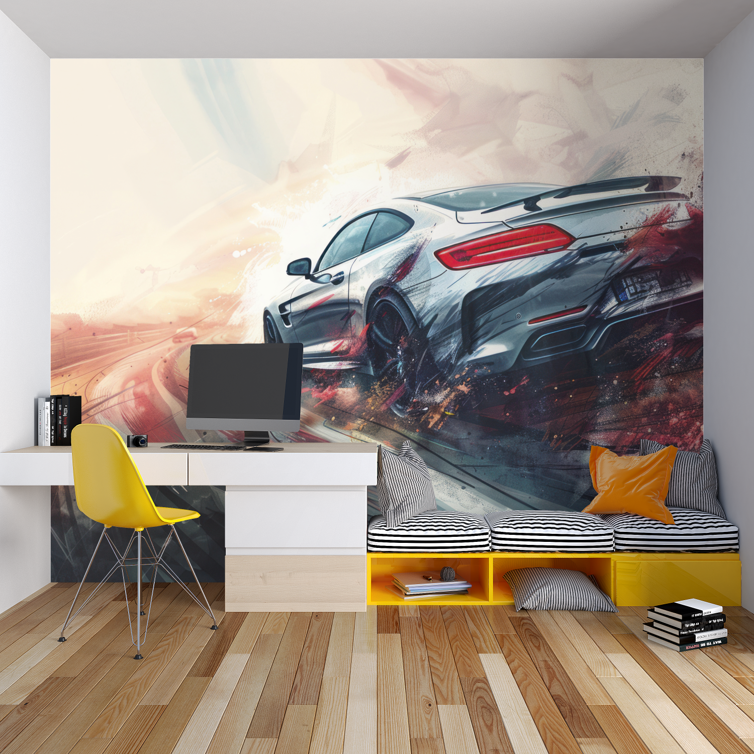 Sports car wall mural adding speed and style to a contemporary home office