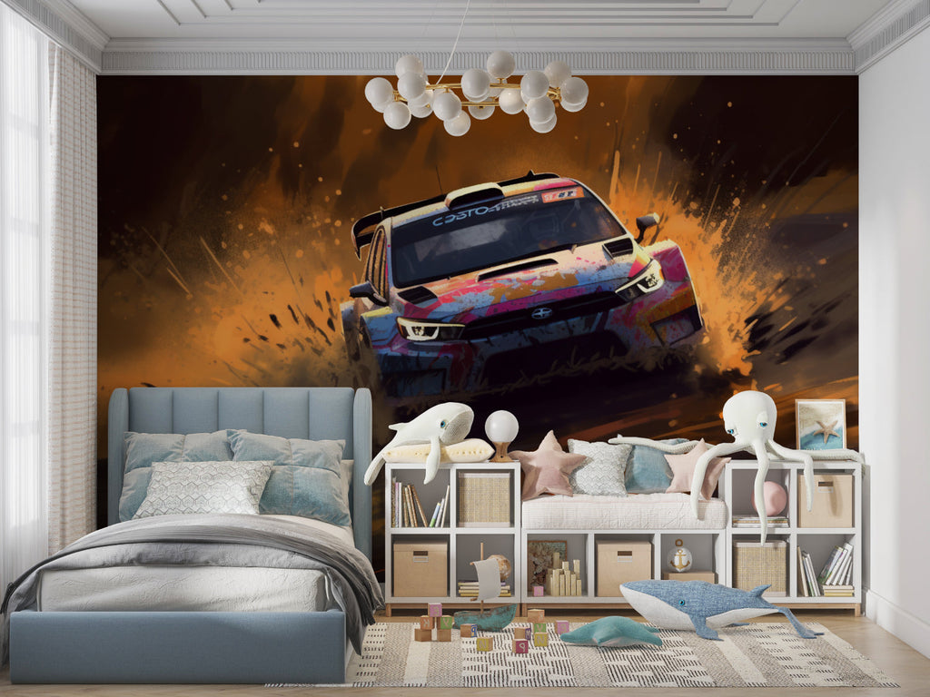 Rally racing mural wallpaper featured in automotive themed office space