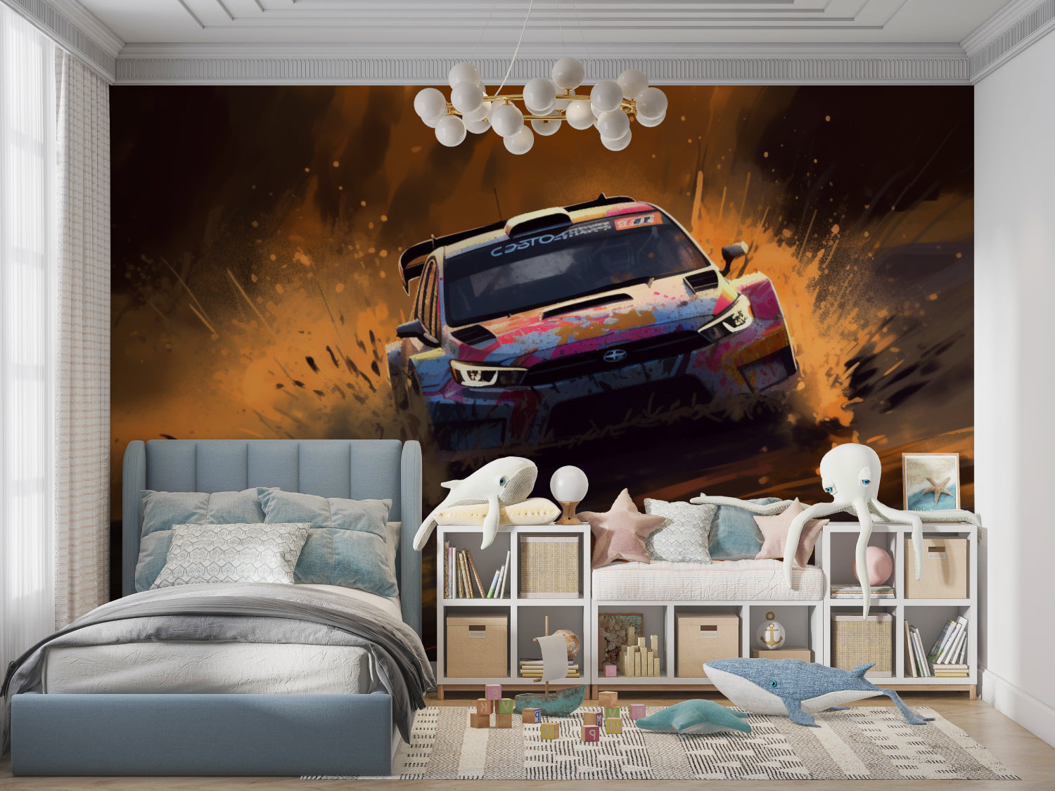Rally racing mural wallpaper featured in automotive themed office space