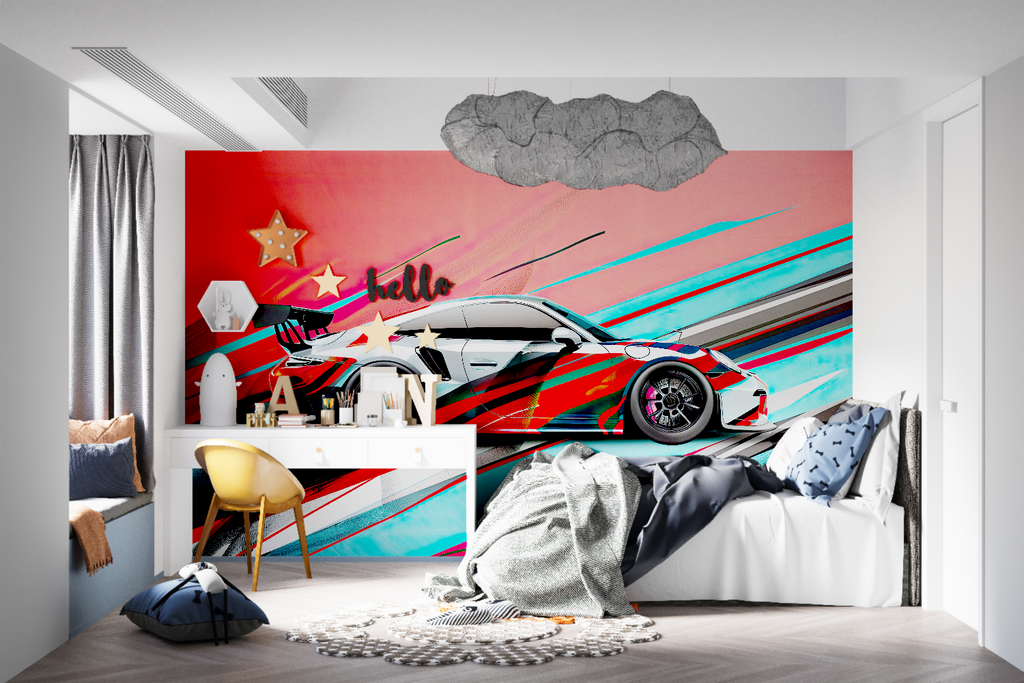 Sports car mural displayed in contemporary game room with modern lighting
