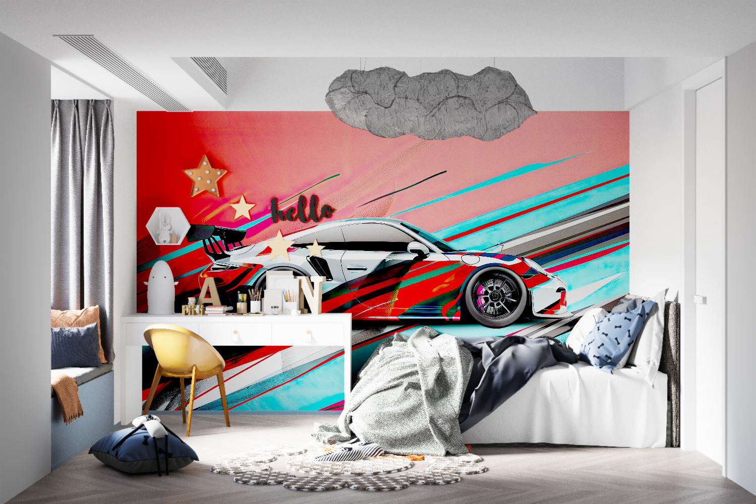 Sports car mural displayed in contemporary game room with modern lighting