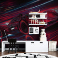 Racing car wallpaper bringing speed and style to a modern teen bedroom with red and blue motion effects