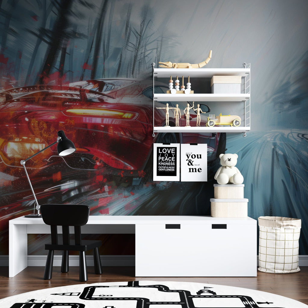 Automotive wallpaper design featured in game room with red sports car motif