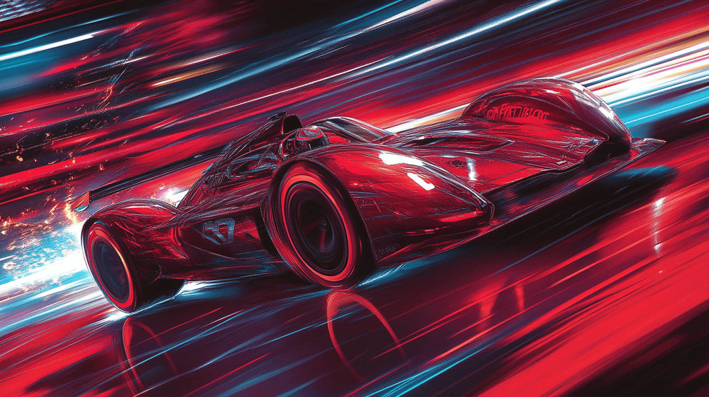 Design file showing detailed red racing car pattern with motion effects and dynamic background
