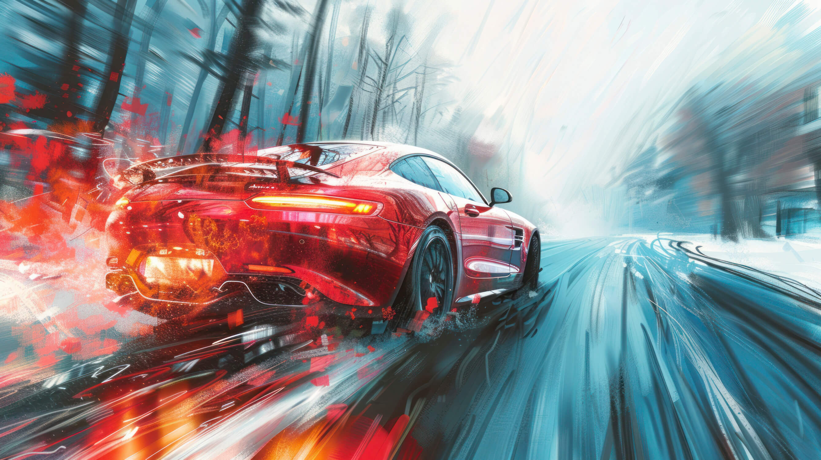 Sports car wallpaper design file showing detailed red racing car against dramatic blue background