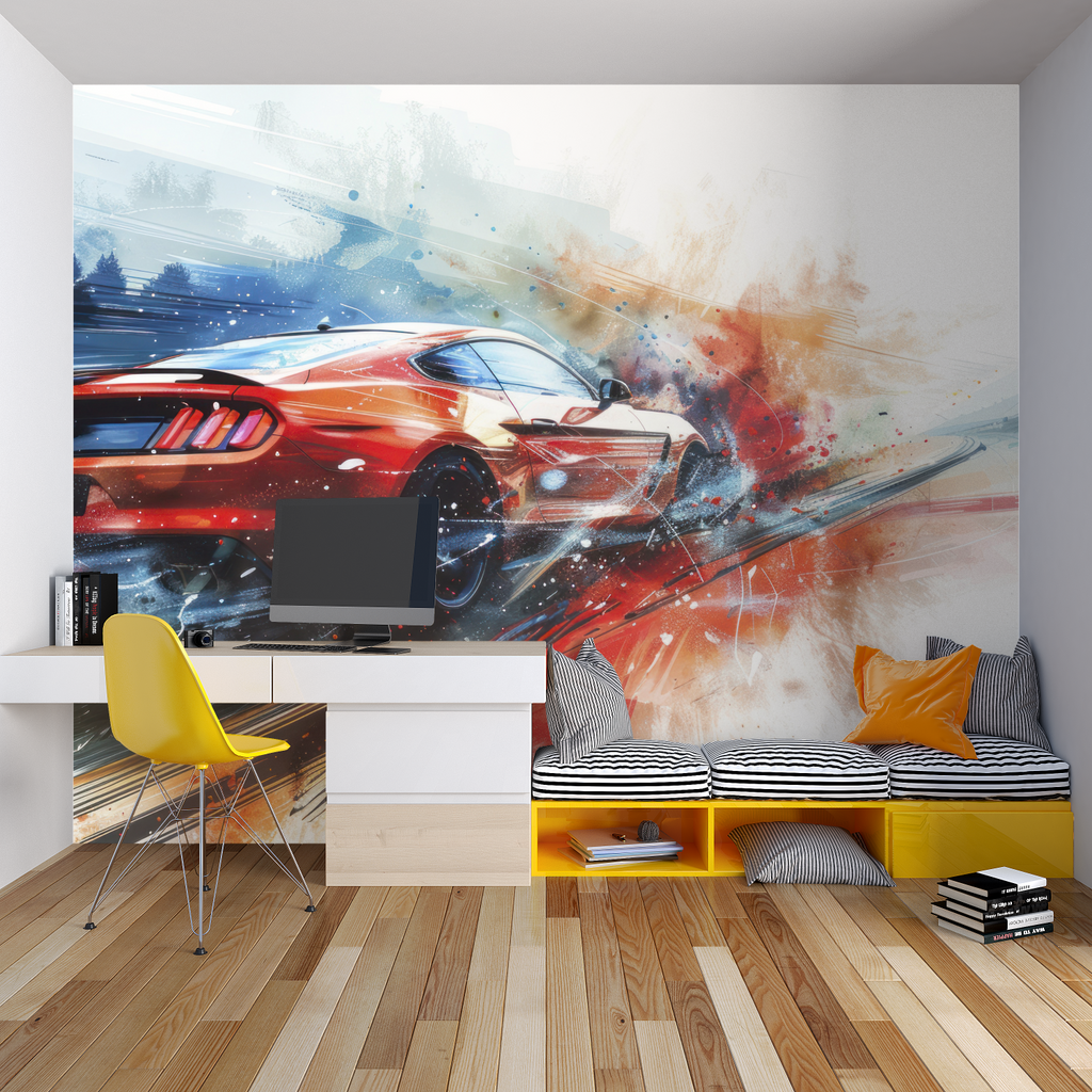 Sports car wallpaper in modern teen bedroom showing red racing design with dramatic lighting effects