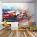 Sports car wallpaper in modern teen bedroom showing red racing design with dramatic lighting effects