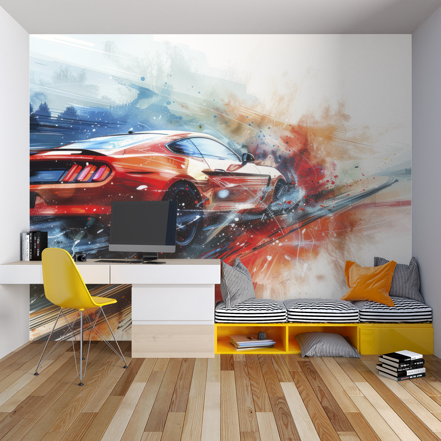 Sports car wallpaper in modern teen bedroom showing red racing design with dramatic lighting effects