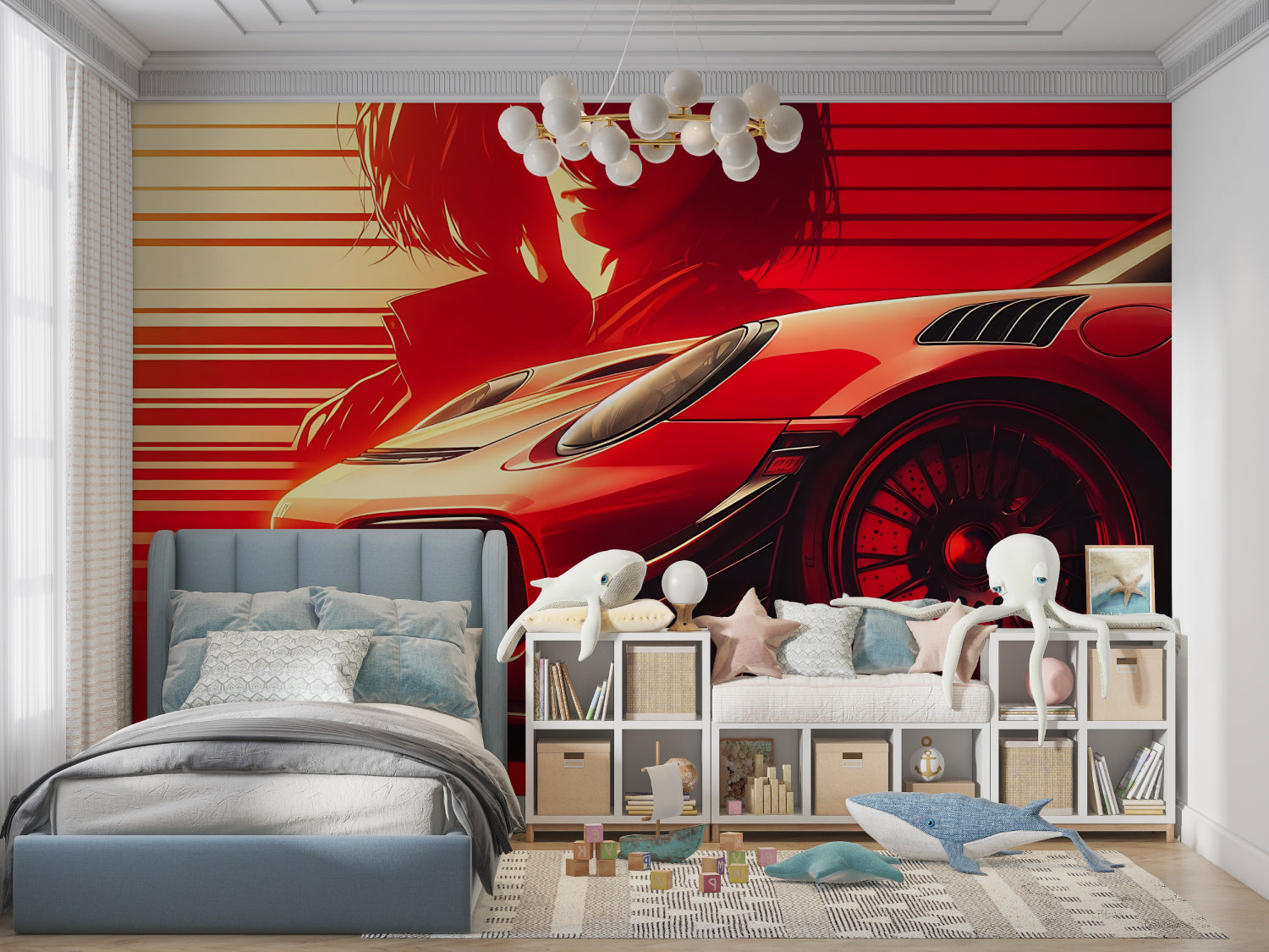 Sports car wallpaper creating bold impact in modern living room with red racing design