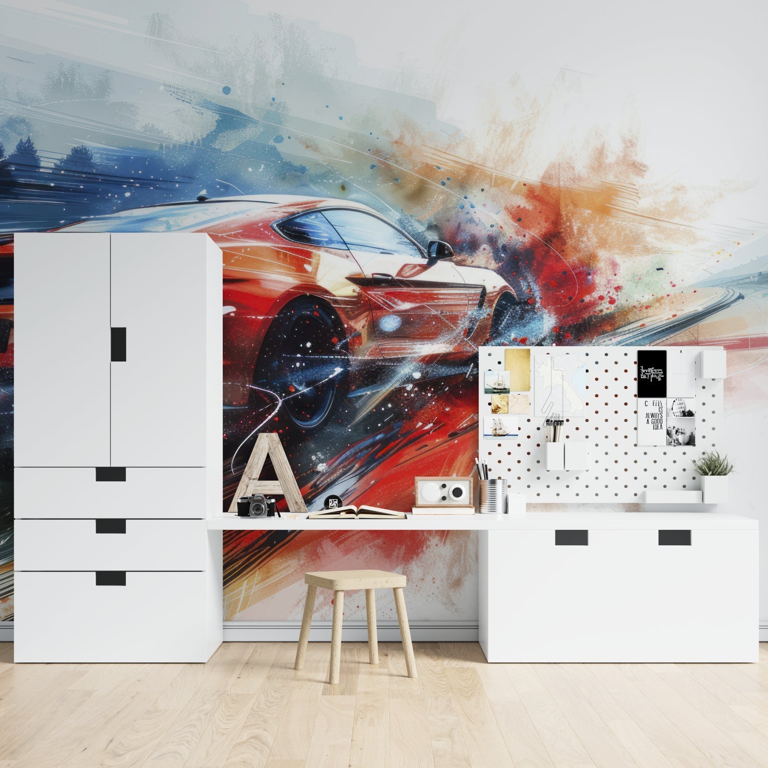 Racing car mural displayed in gaming room with dramatic red and blue color scheme