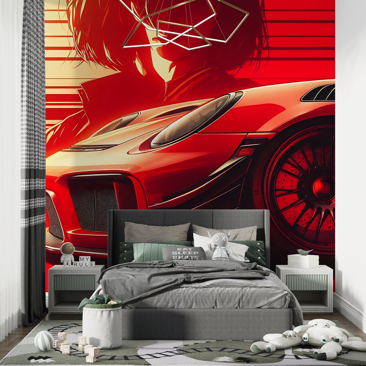 Racing car mural adding energy to teen bedroom with dynamic red design