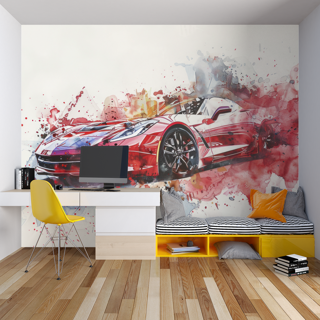 Red sports car mural creating impact in a stylish gaming room setup
