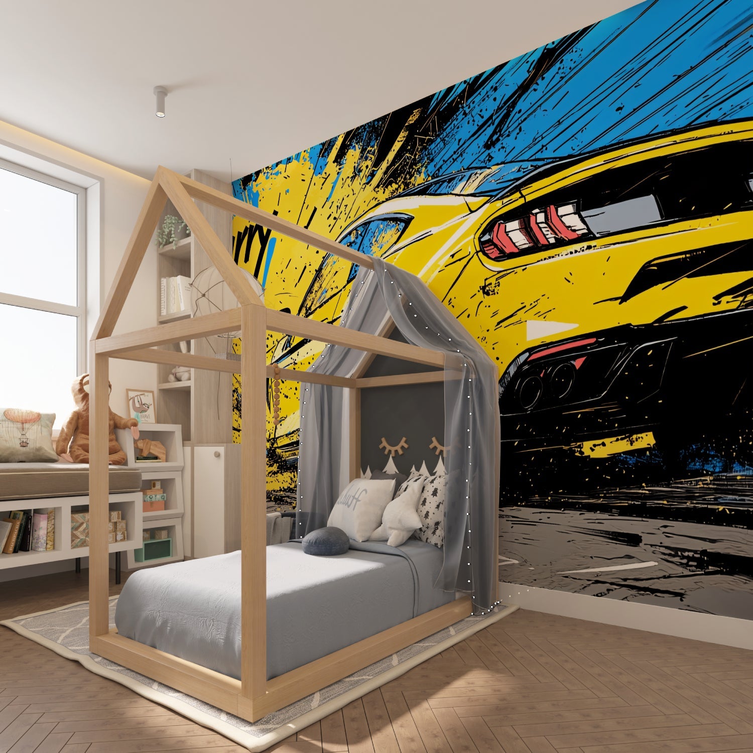 Street art car mural in gaming room showing scale and dramatic lighting