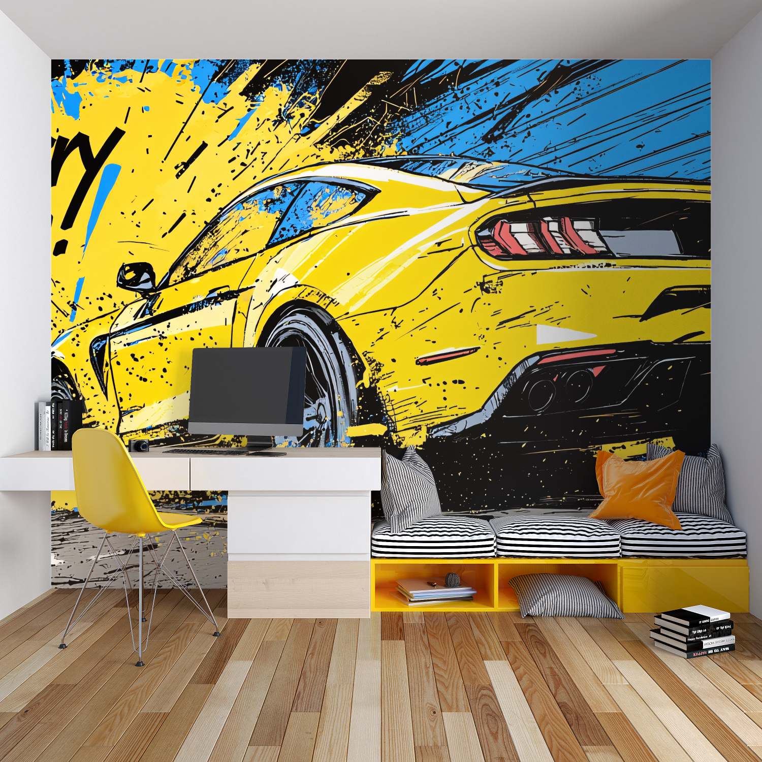 Graffiti car wallpaper in man cave entertainment space showing full wall impact