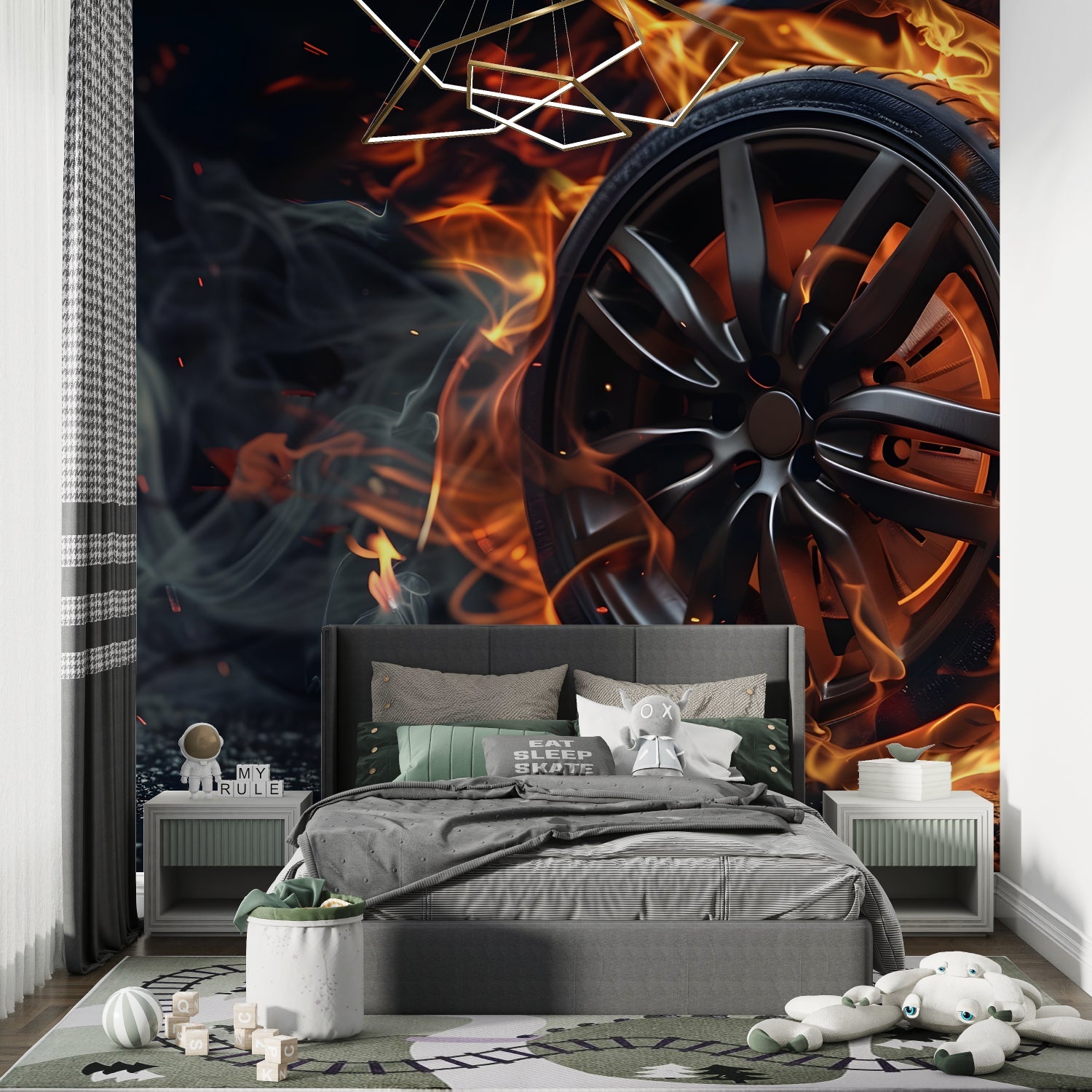 Automotive wallpaper bringing energy to a garage conversion space