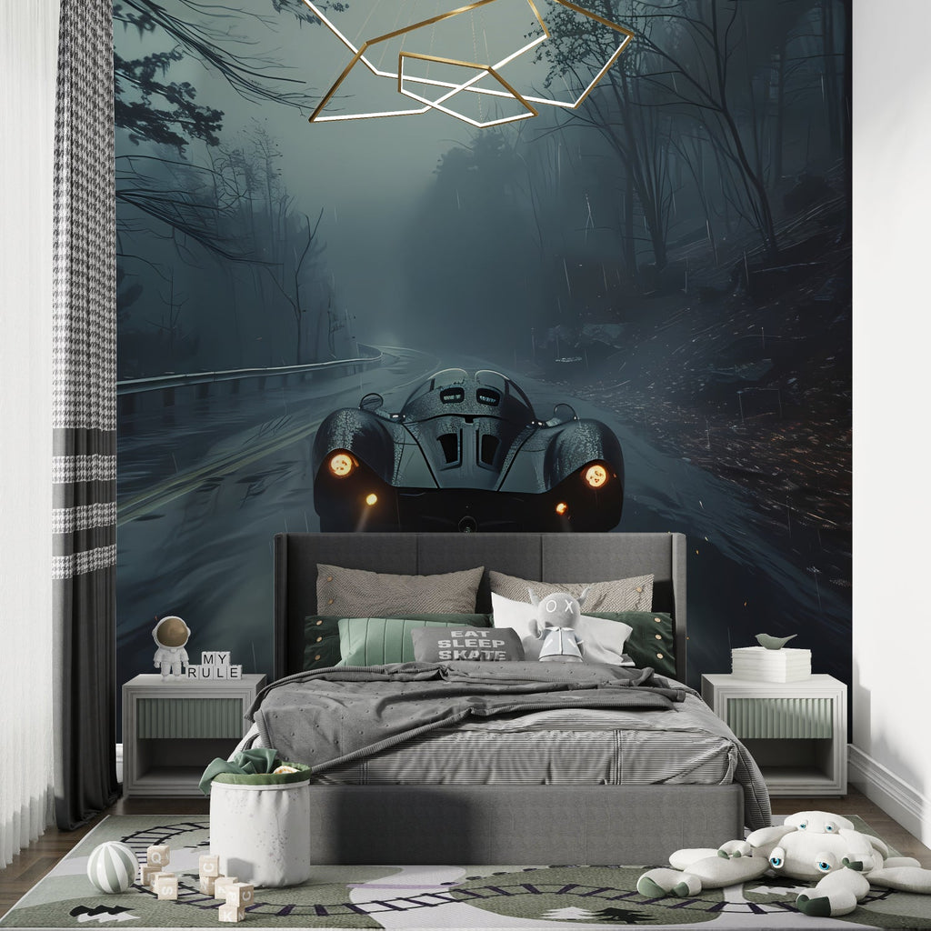 Sports car wallpaper mural in modern teen bedroom, night scene creating moody atmosphere