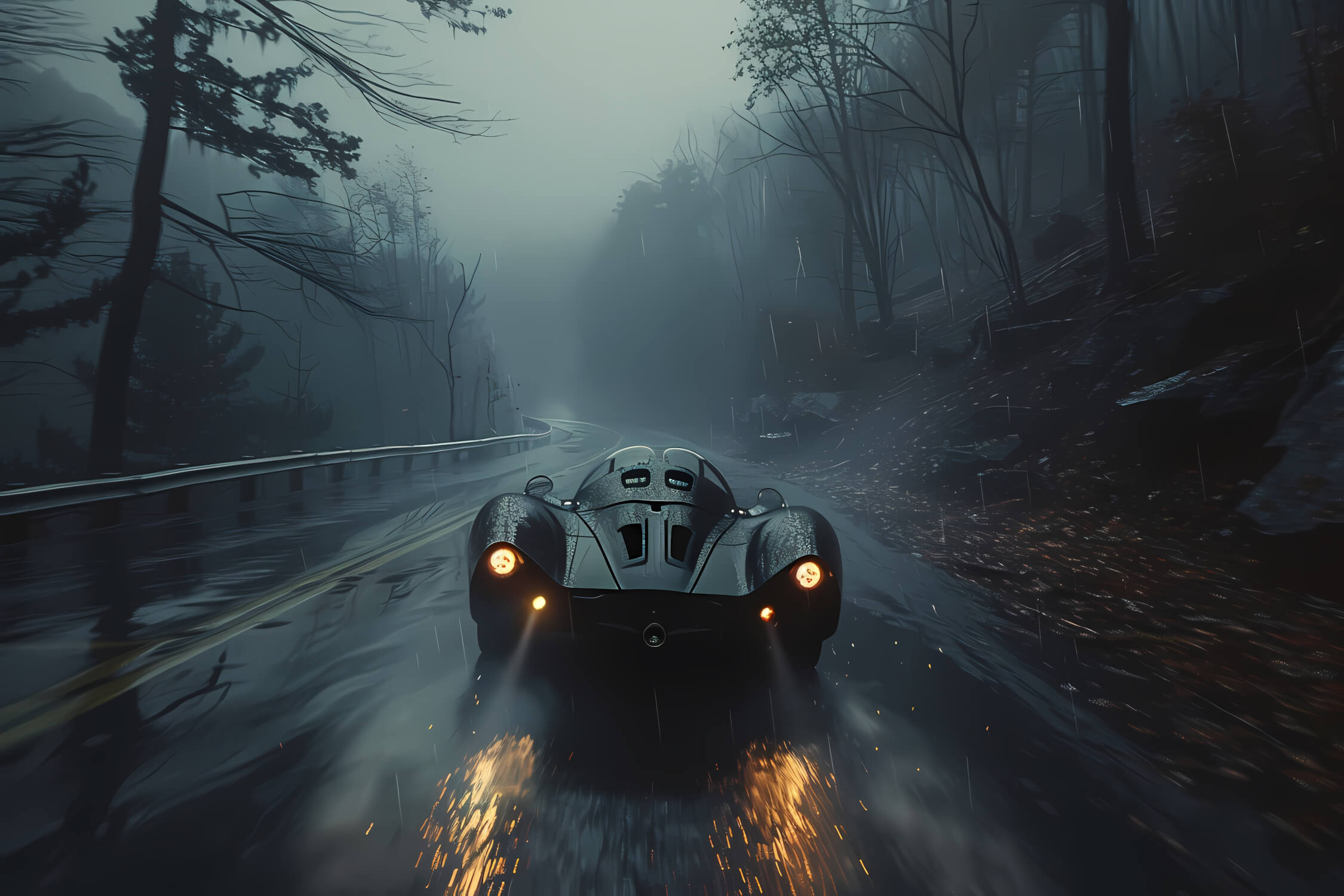 Sports car in misty forest design file showing detailed pattern and full wall coverage