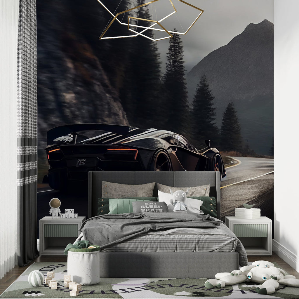 Sports car wallpaper displayed in modern living room with grey sofa and ambient lighting
