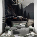 Sports car wallpaper displayed in modern living room with grey sofa and ambient lighting