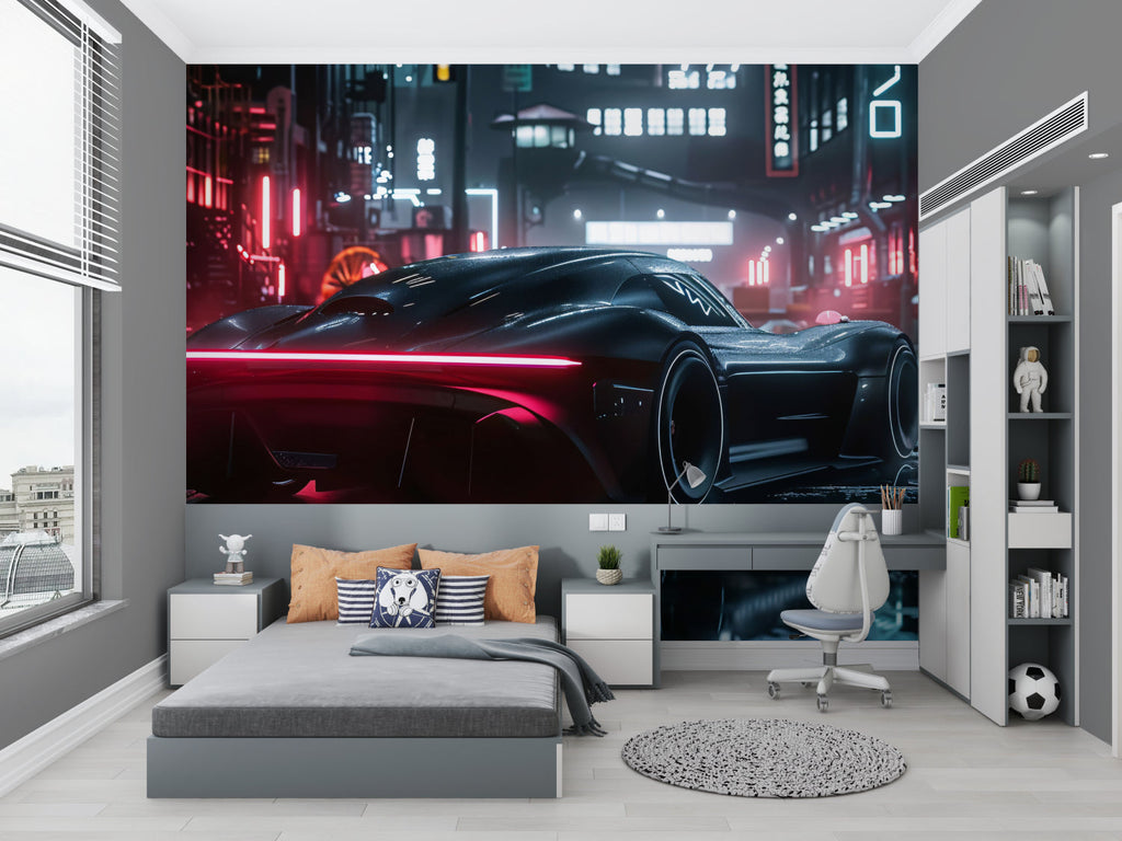 Night city car mural creating atmosphere in stylish gaming room