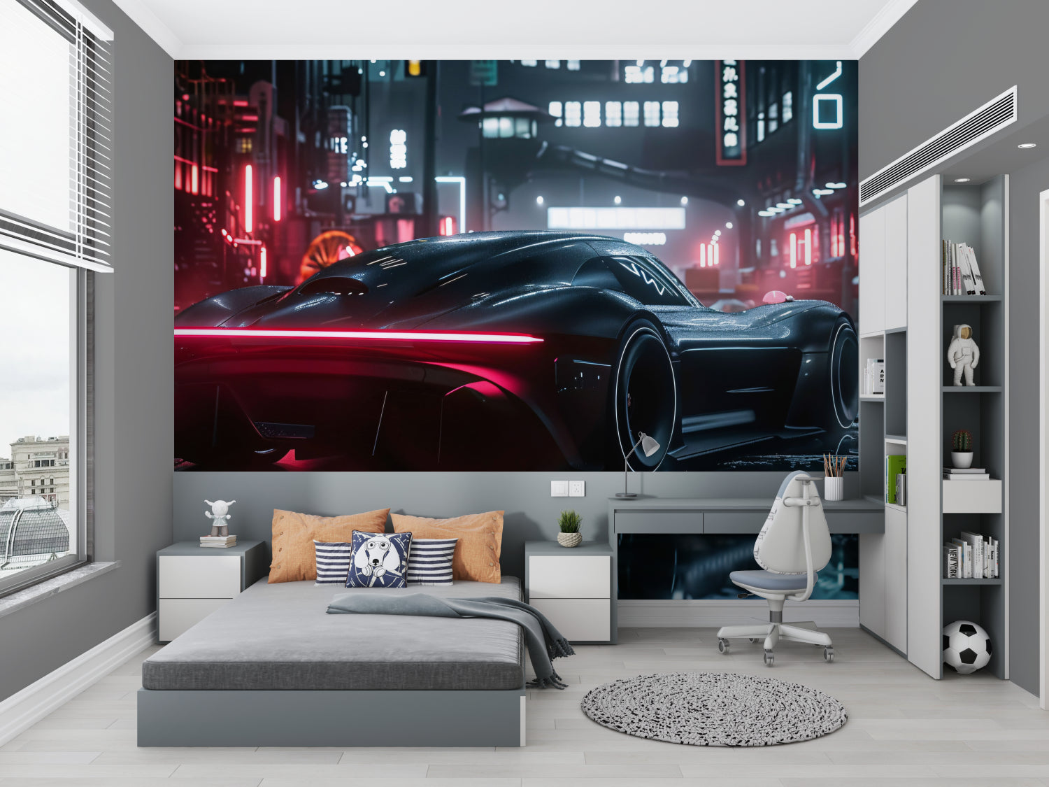 Night city car mural creating atmosphere in stylish gaming room