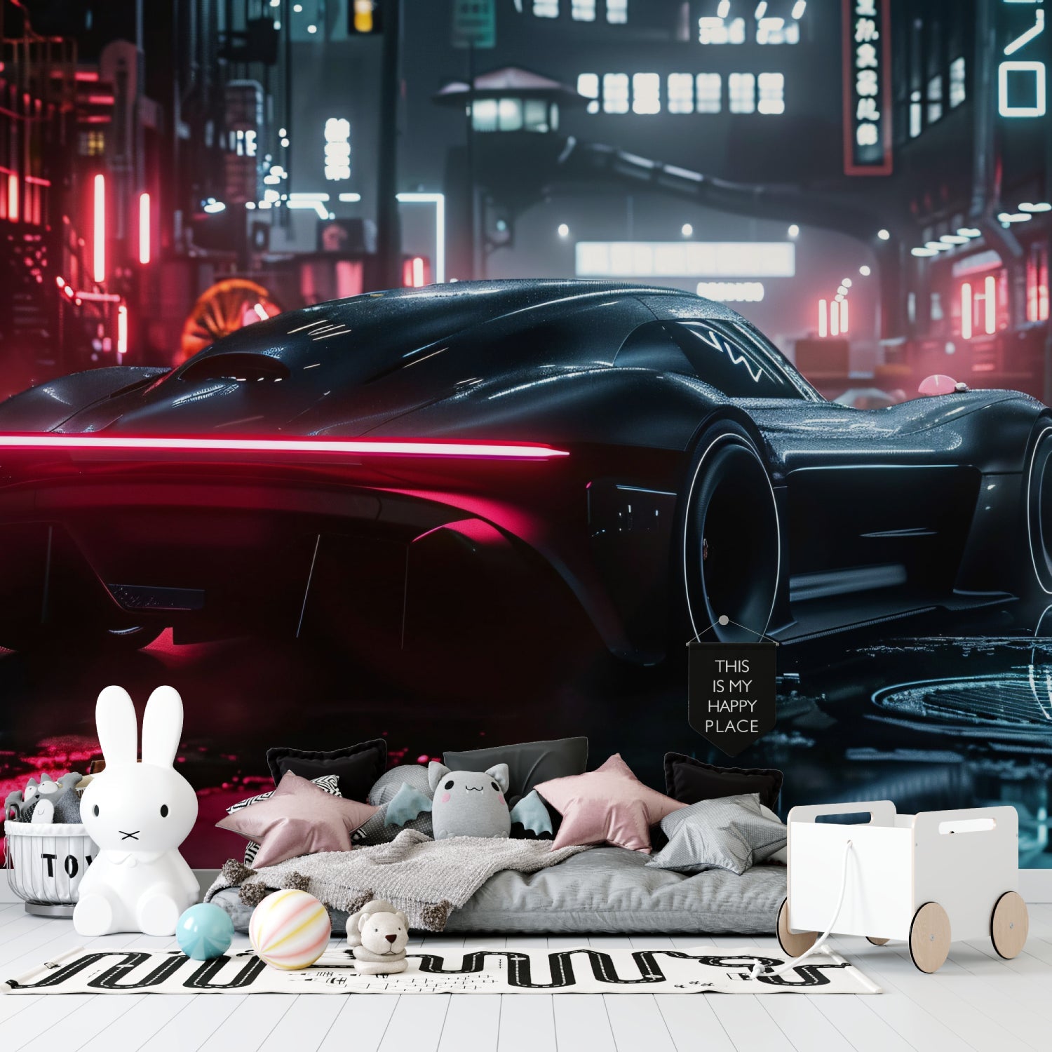 Car mural wallpaper bringing night city vibes to home office