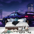Sports car wallpaper in modern living room with purple city night scene creating dramatic atmosphere