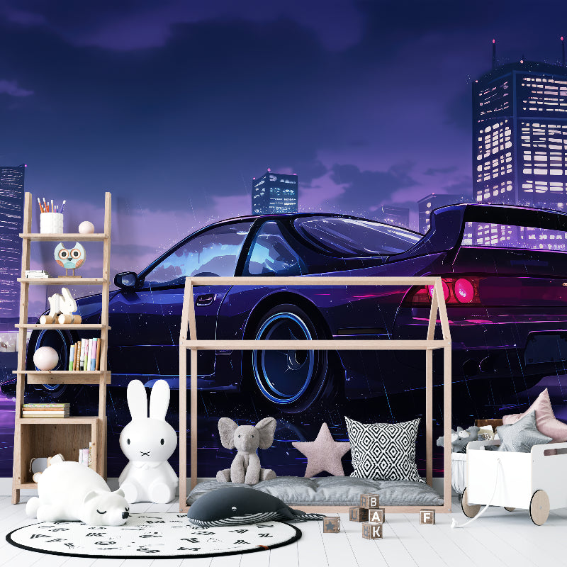 Teen bedroom with sports car wall mural showing night city lights and purple sky