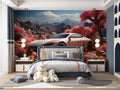 Sports car wallpaper mural in modern living room with pink mountain backdrop creating dramatic focal point