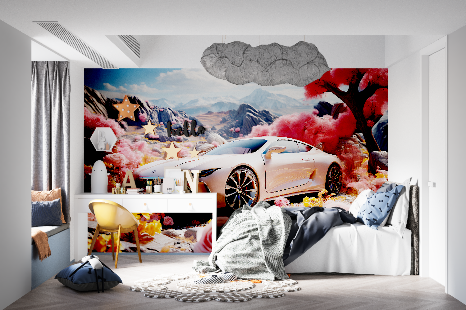 Car mural wallpaper bringing style to media room with pink mountain background