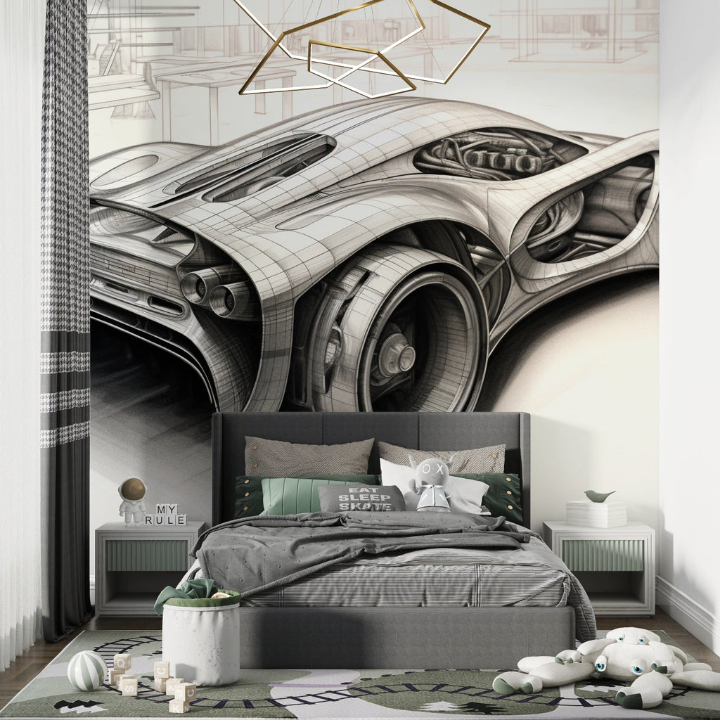 Car blueprint wallpaper featured in teen bedroom showing technical sketch details