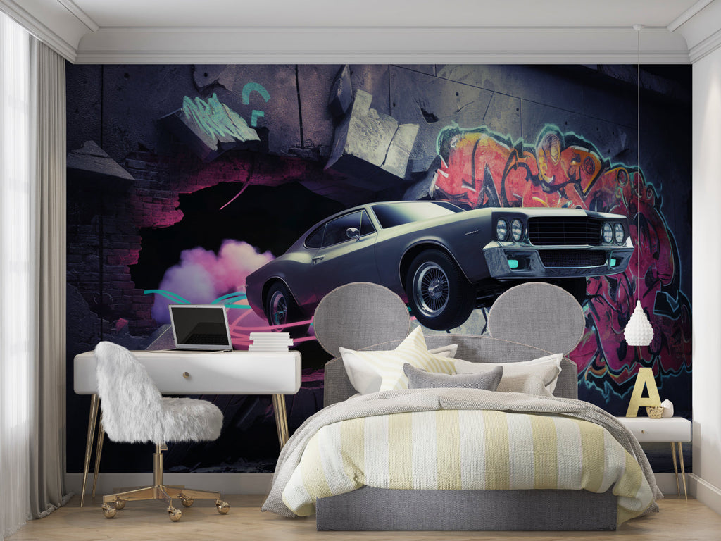 Sports car graffiti wallpaper creating bold impact in modern teen bedroom with LED lighting