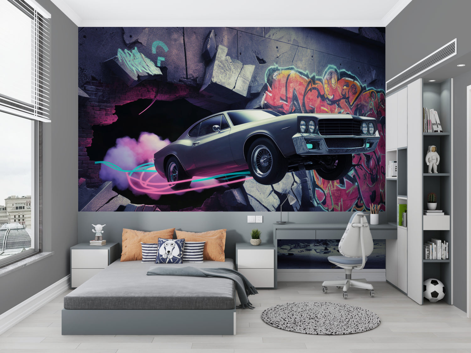 Urban street art car mural bringing style to gaming room setup