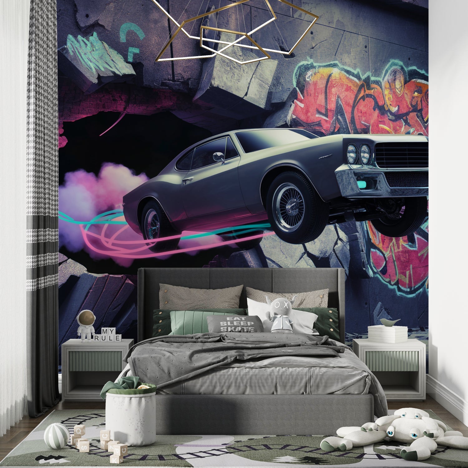 Graffiti car mural adding energy to modern living room wall