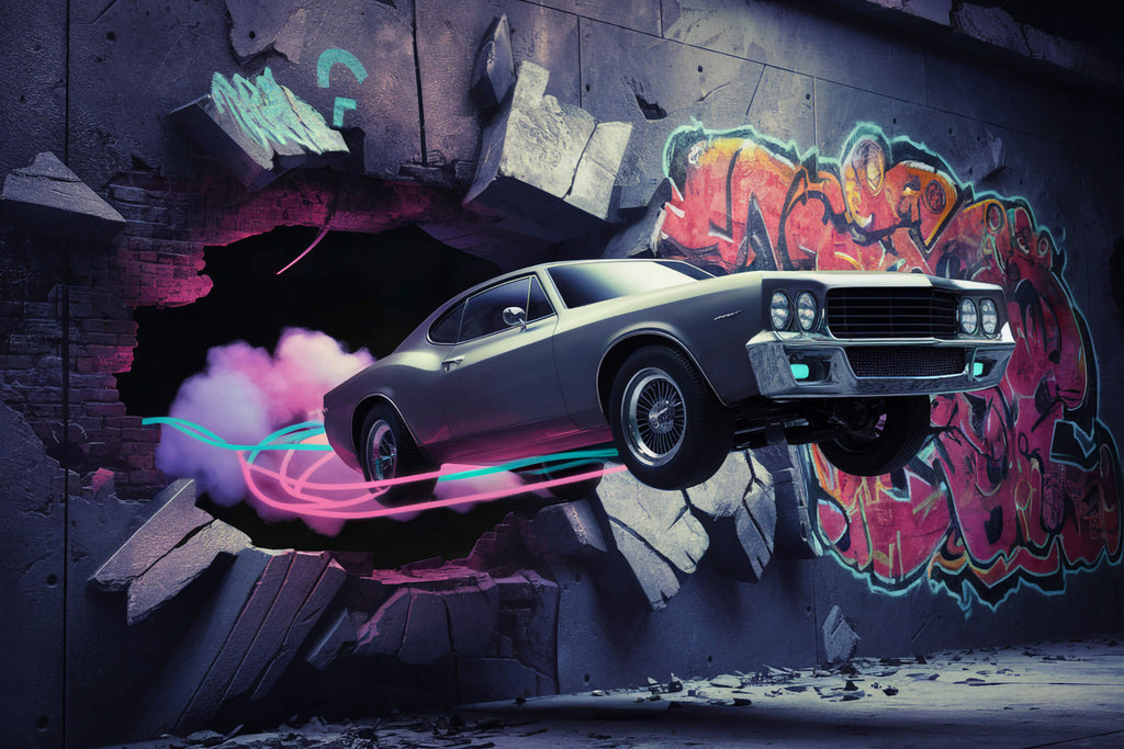 High-resolution design file of sports car graffiti wallpaper with neon effects