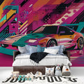 Pink and turquoise Sports Car Graffiti Mural in modern teen bedroom showing urban street art style