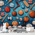 Sports theme wallpaper displayed in modern kids bedroom with blue accents and sports equipment