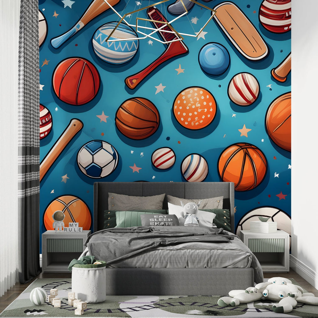 Sports mural installed in family playroom showing scale and vibrant colors