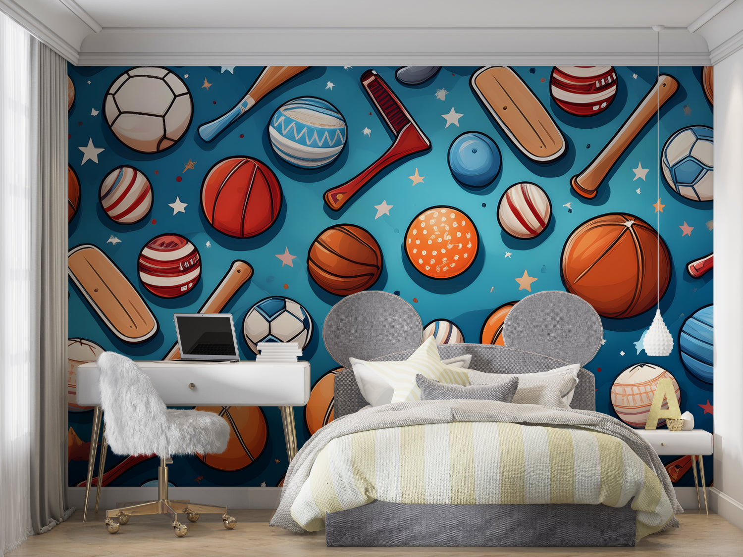 Close-up of sports theme wall mural in child's study area