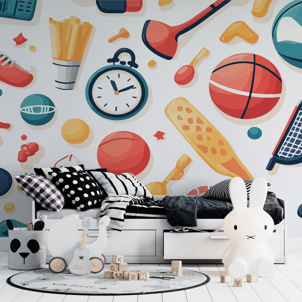 Sports themed wallpaper in modern kids bedroom showing basketball design with coral and teal accents