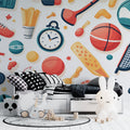 Sports themed wallpaper in modern kids bedroom showing basketball design with coral and teal accents