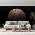 Basketball wallpaper mural displayed in a modern teen bedroom, showing the dramatic close-up design adding depth to the space