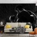 Black and white boxing scene mural wallpaper displayed in a modern home gym, creating an inspiring workout atmosphere
