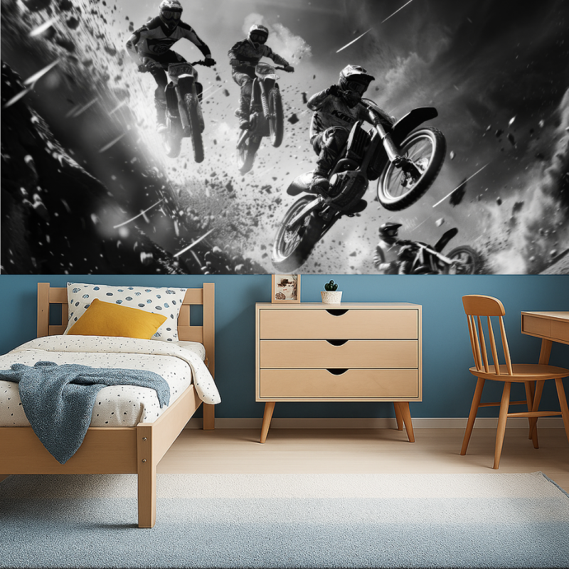 Sports wall mural displayed in a modern home office with minimal decor