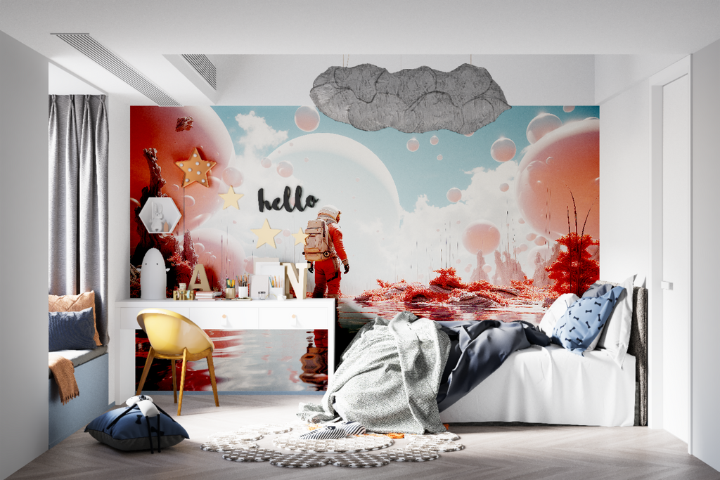 Black and white sports mural showcased in a stylish game room with dramatic lighting